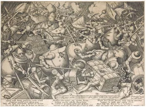 Bruegel Brueghel Prints: The Fight of the Moneybags and Strongboxes (The Battle about Money), ca 1563
