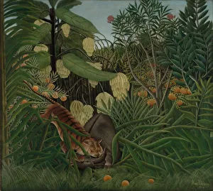 Oil On Fabric Prints: Fight between a Tiger and a Buffalo, 1908. Creator: Henri Rousseau (French, 1844-1910)