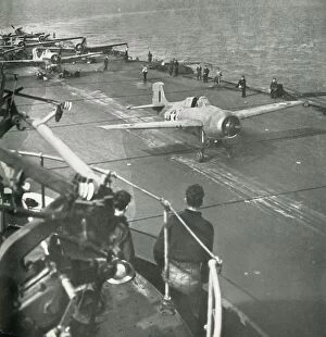 Aircraft Carrier Gallery: Fighter planes on board an aircraft carrier, Second World War, c1943. Creator: Unknown