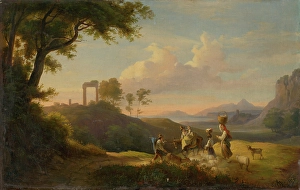 Flock Prints: Figural Scene in South Italian Landscape, 1850-1860. Creator: Karol Marko