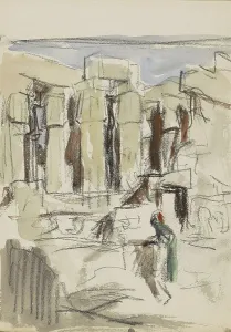 Bauer Marius Prints: Figure at the colonnade of the Luxor Temple, 1919. Creator: Marius Bauer