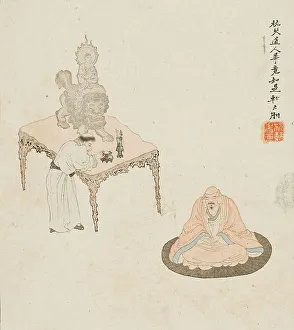 Colophon Prints: Figure in meditation and servant.. Creator: Su Liupeng