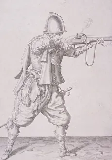 Figure in military clothing firing a musket and wearing a sword, 1607