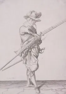 Figure in military clothing holding a musket and wearing a sword, 1607