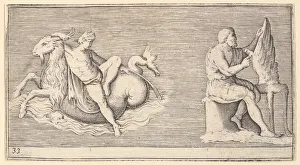 Philippe Prints: Figure on Seagoat; Man Carving Wing, published ca. 1599-1622. Creator: Unknown