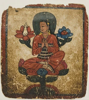 Tibetan Buddhism Gallery: Figure Seated on Lotus, from a Set of Initiation Cards (Tsakali), 14th / 15th century