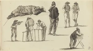 Joseph Vernet Prints: Figure Studies, Including One Man Sleeping on the Ground and Two Men Sawing