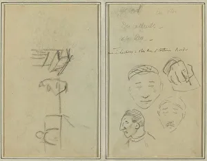 Two Figures and a Bench; Three Studies of Men's Heads and One of a Hand [recto], 1884-1888. Creator: Paul Gauguin