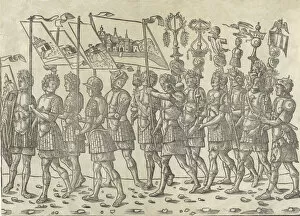 Figures carrying standards and trophies: from 'The Triumph of Caesar', 1504., Creator: Jacob von Strassburg
