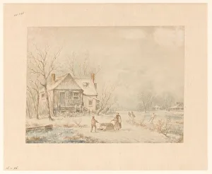 Ice Skaters Prints: Figures on a country road in a winter landscape