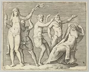 Battista Franco Gallery: Two Figures, a Faun, and a Satyr approach a Recliniing Woman, published ca. 1599-1622