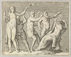 Veneziano Battista Franco Gallery: Two Figures, a Faun, and a Satyr approach a Recliniing Woman, published ca. 1599-1622