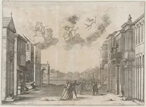 Figures gathered at a seaport as a ship arrives; set design from 'Il Fuoco Eterno', 1674