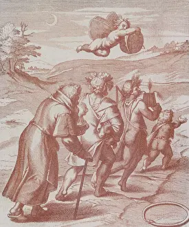 Rubens Sir Peter Paul Prints: Four figures in a landscape being guided by a cherub in the sky, 1777. Creator: Unknown