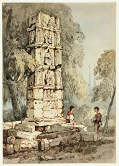 Two Figures Beside Medieval Ruins, with Church in Distance, n. d. Creator: Samuel Prout