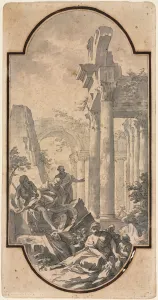 Framing Lines In Black Chalk Prints: Figures Near the Ruins of a Corinthian Temple (recto); Fragment of an Arch (tracing from recto)