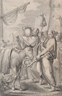 Figures at right near a ship, some holding up animals over their heads, a horse at left Figures at right near a ship, some holding up animals over their heads, a horse at left