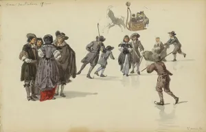 Skating Prints: Figures in seventeenth-century clothing, 1882. Creator: Cornelis Springer