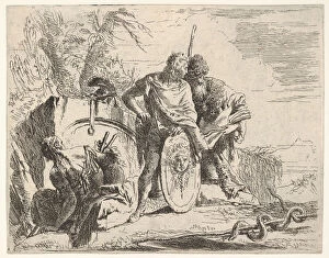Snake Collection: Three figures and a snake coiled around a staff, surrounded by a landscape, the ce