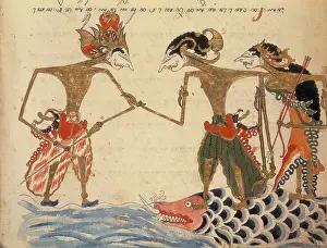 Java Prints: Two figures standing on a fish, 1804. Creator: Unknown