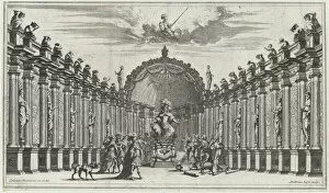 Figures worshipping the statue of an armed figure; set design from Il Pomo D'Oro, 1668