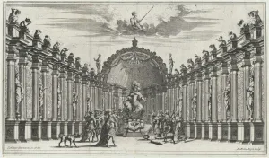 Kusel Mathaus Prints: Figures worshipping the statue of an armed figure; set design from Il Pomo D'Oro