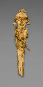 Amerindian Gallery: Figurine (Tunjo) of a Figure Holding Plants and Cup, Wearing a Crown, A.D. 1000 / 1500