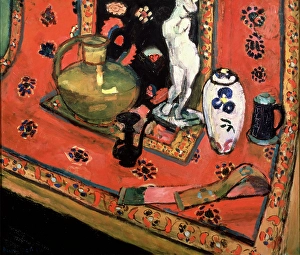 Figurine and Vases on Oriental Carpet (En rouge de Venise), 1908. Creator: Henri Matisse. Figurine and Vases on Oriental Carpet (En rouge de Venise), 1908. Creator: Henri Matisse