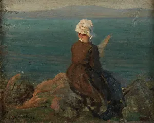 Spindle Prints: Fileuse sur les rochers à Douarnenez, c.1870. Creator: Jules Breton