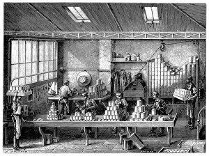 Tin Can Gallery: Filling and soldering cans of food, France, c1870
