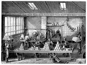 Tin Can Gallery: Filling and soldering cans of food, France, c1870