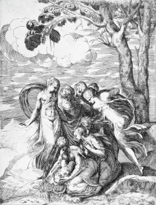 Andrea Schiavone Prints: The Finding of Moses, between 1515 and 1573. Creators: Battista del Moro, Andrea Schiavone
