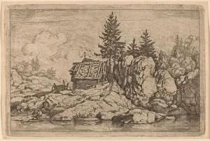 Aldret Van Everdingen Prints: Two Fir Trees near Cottages, probably c. 1645 / 1656. Creator: Allart van Everdingen