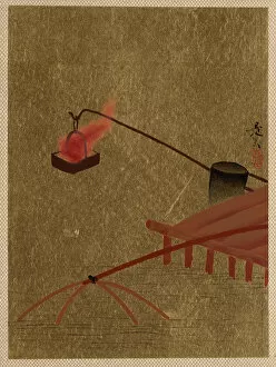 Shibata Zeshin Gallery: Fire Basket Suspended from Dock over a Fish Net in the Water. Creator: Shibata Zeshin