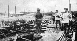 Pow Camp Prints: A fire damaged prison camp in Germany, World War I, 1915