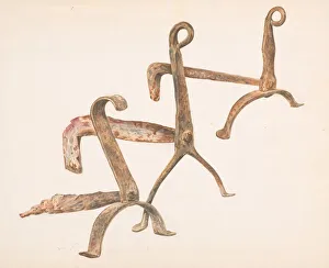 Fire Dogs or Andirons, c. 1938. Creator: Frank J Mace