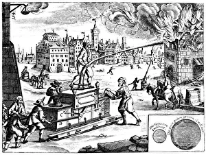 Fire engine, from Georg Andreas Bocklers Theatrum Machinarum Novum, 1673. Artist: Georg Andreas Bockler