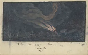 Java Prints: Fire in a landscape in Central Java, 1825, (1825). Creator: Anon