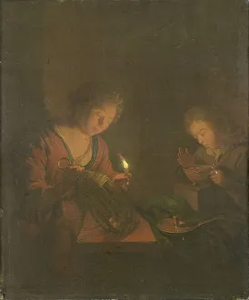 Gotfried Schalcken Prints: Fire and Light (A Girl Places a Candle in a Lantern and a Boy Blows on the Coals)