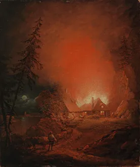 Aleksander Lauréus Prints: A Fire at Night in a Farmer's House, 1809. Creator: Alexander Lauréus