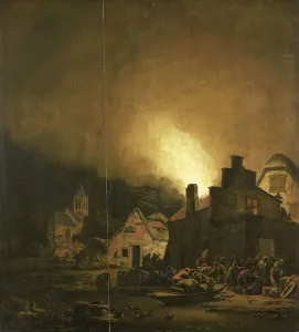 Evacuation Prints: Fire by night in a Village, 1650-1685. Creator: Adam Colonia