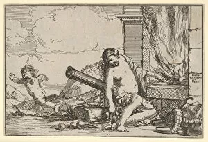 Giulio Gallery: Fire, represented by Venus seated before Vulcans forge, with armor, a cannon, and cann