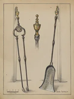 Tongs Prints: Fire Tongs, Shovel, and Jamb Hooks, c. 1936. Creator: Hans Korsch