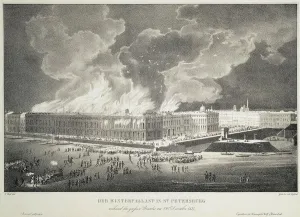 Fire in the Winter Palace on December 29, 1837, c. 1838. Artist: Wolf, Franz (1795-1859)