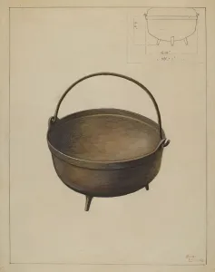 Hugh Clarke Prints: Fireplace Kettle, c. 1936. Creator: Hugh Clarke