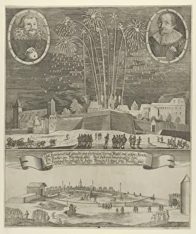 Celebrating Collection: Fireworks display by Lorenz Müller as proof of mastership, Nuremberg 1635. Creator: Anon