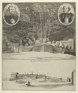 Fireworks display by Lorenz Müller as proof of his mastership, Nuremberg, 1635. Creator: Anon