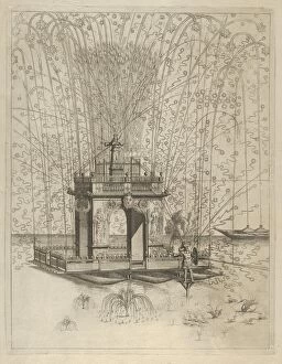 Louis Xiv Gallery: Fireworks display with triumphal arch supported by three pontoons on the water, de... 17th century