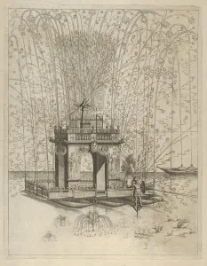 Fireworks display with triumphal arch supported by three pontoons on the water, de... 17th century. Creator: Anon
