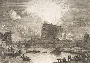 Castel Santangelo Prints: Fireworks in Rome Over Castel Sant Angelo, 18th century. Creator: Adriaen Manglard